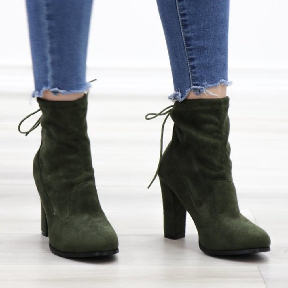 Round Toe Olive Suede Ankle Heeled Boots, Booties - Picture 10 of 11